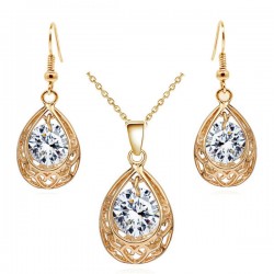 Yellow Gold plated big white zircon ocean drop necklace set